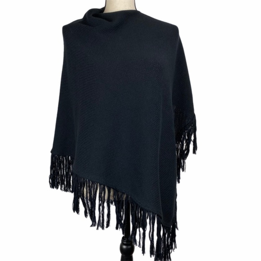 Cousin Johnny Asymmetrical Fringe Poncho Black